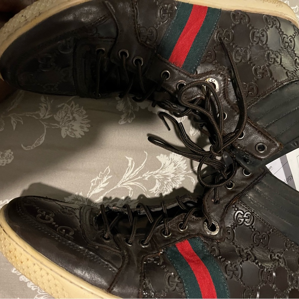 Gucci Brown Leather High-Top Boots with Red & Green Stripe - Picture 3 of 14